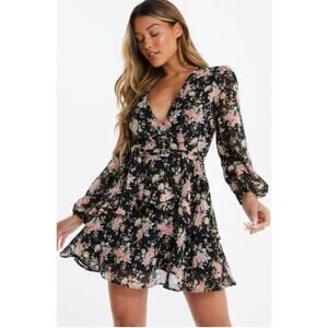 QUIZ Ruffle Mini Dress Black Floral Long Sleeve Tie Front Ruffle Hem New